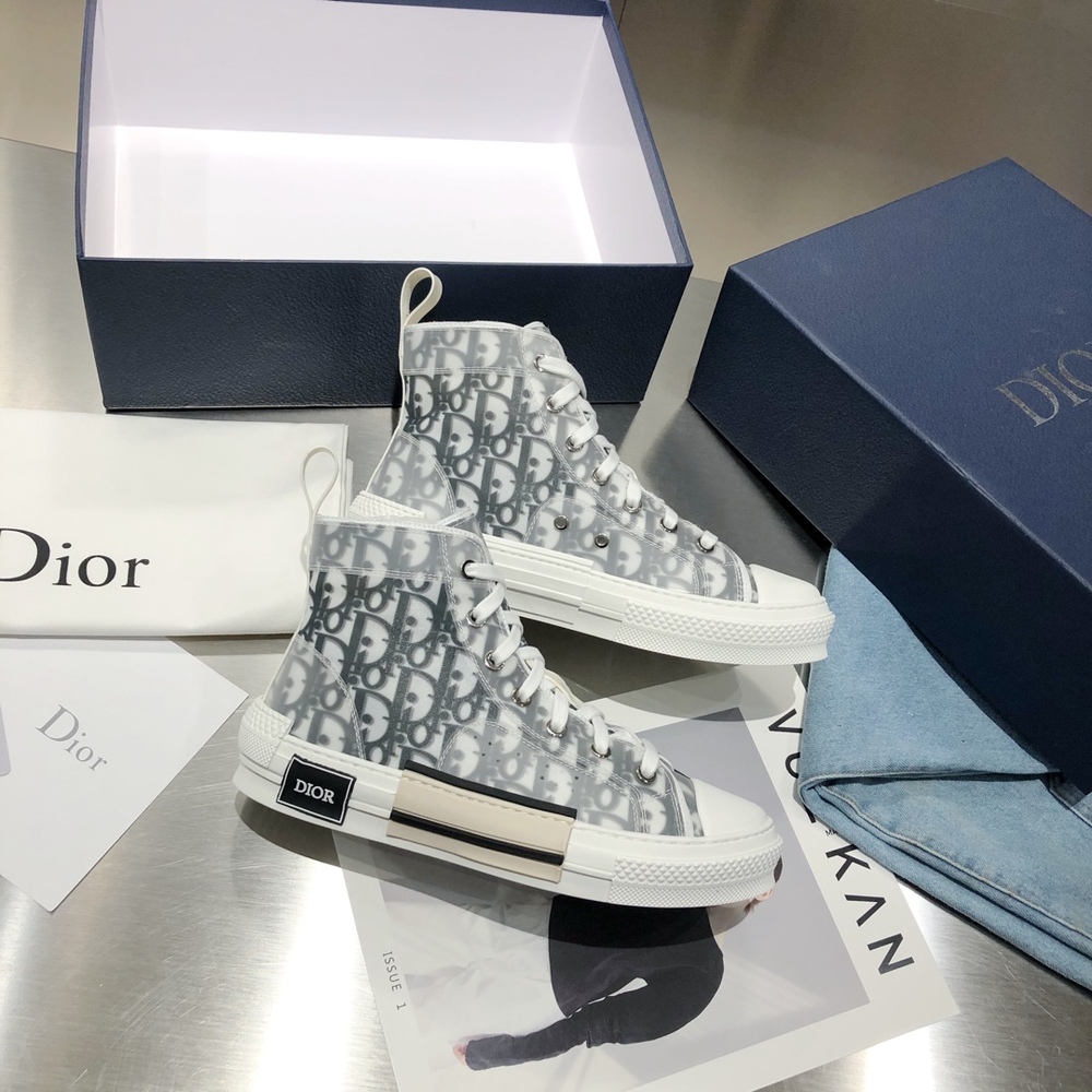 Dior B23 High Top White Gray Oblique Canvas Sneakers